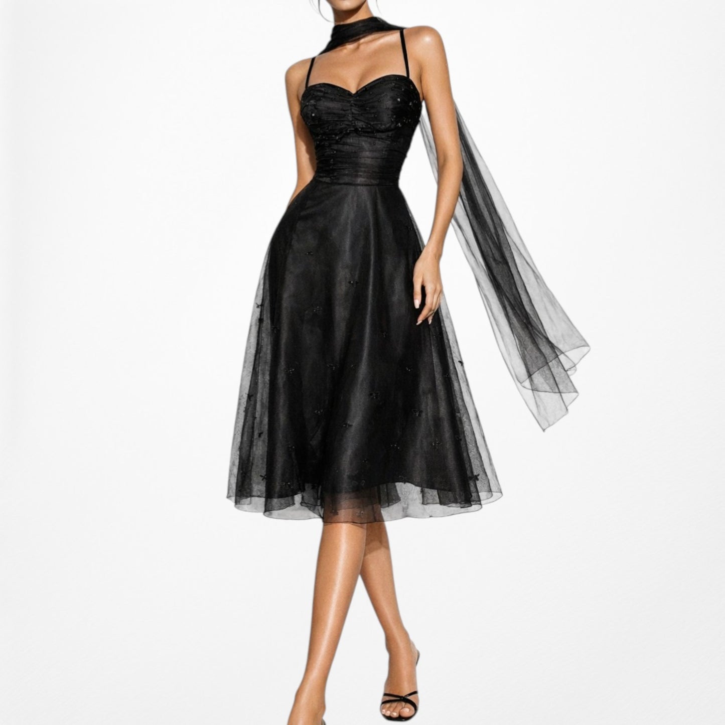 Vintage Y2K Black Sweetheart Sequin Mesh Midi Flared Skater Dress S
