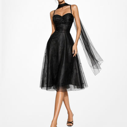 Vintage Y2K Black Sweetheart Sequin Mesh Midi Flared Skater Dress S