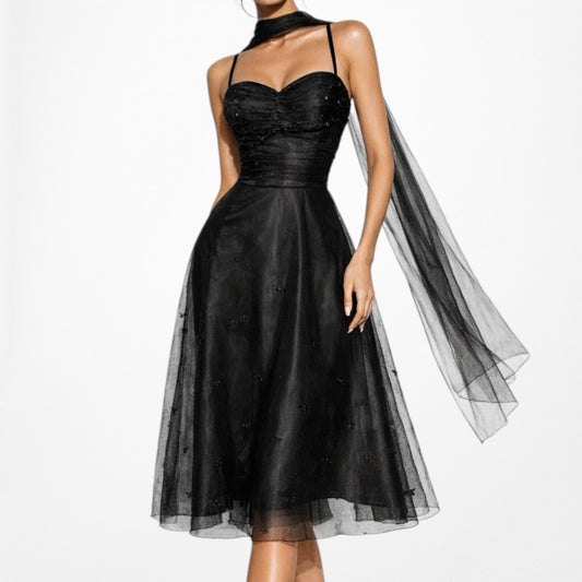 Vintage Y2K Black Sweetheart Sequin Mesh Midi Flared Skater Dress S