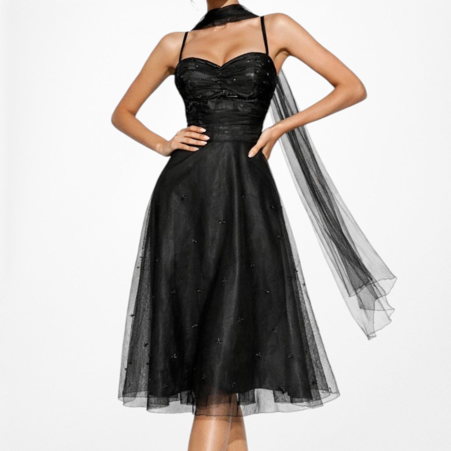 Vintage Y2K Black Sweetheart Sequin Mesh Midi Flared Skater Dress S