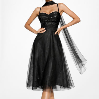 Vintage Y2K Black Sweetheart Sequin Mesh Midi Flared Skater Dress S