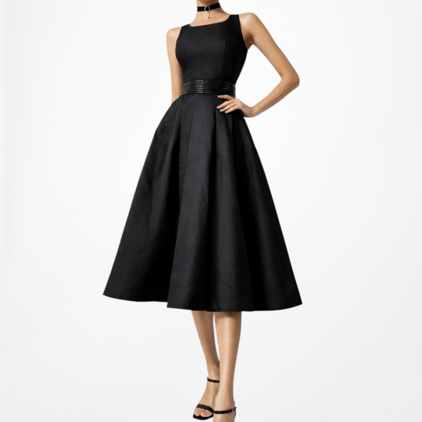 SLNY Black Satin Pleated Flared Knee Length Skater Formal Dress Size 6/M