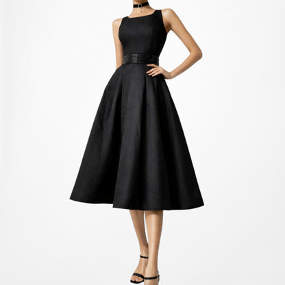 SLNY Black Satin Pleated Flared Knee Length Skater Formal Dress Size 6/M