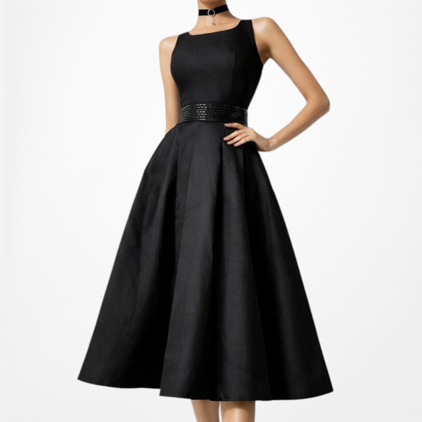 SLNY Black Satin Pleated Flared Knee Length Skater Formal Dress Size 6/M
