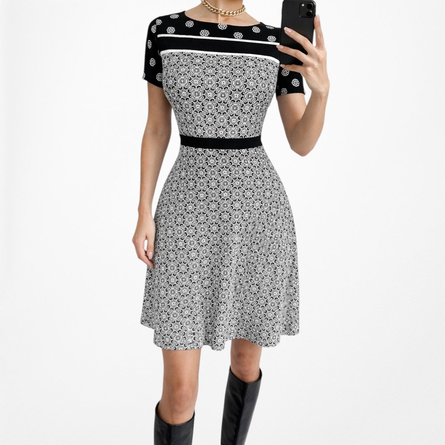 Vintage Y2K 90s Black White Printed Short Sleeve Knit Knee Length Dress Size M
