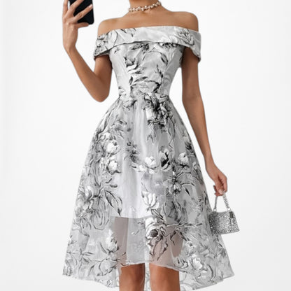 Blue Gray Floral Sheer Organza Off The Shoulder Flared Knee Length Dress Size XS