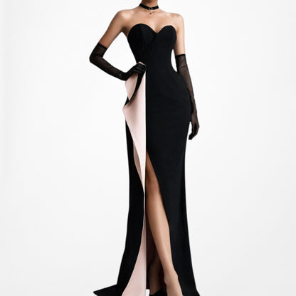 Vintage Y2K Black Strapless Ruffle Side Slit Bodycon Maxi Formal Dress Size M