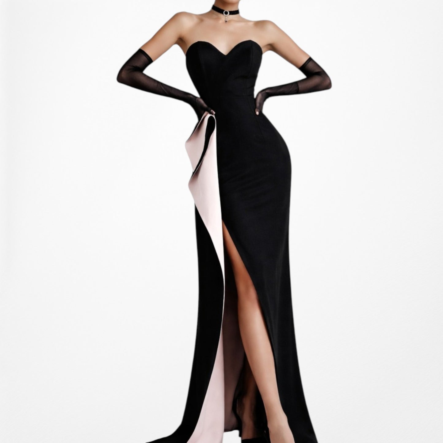 Vintage Y2K Black Strapless Ruffle Side Slit Bodycon Maxi Formal Dress Size M