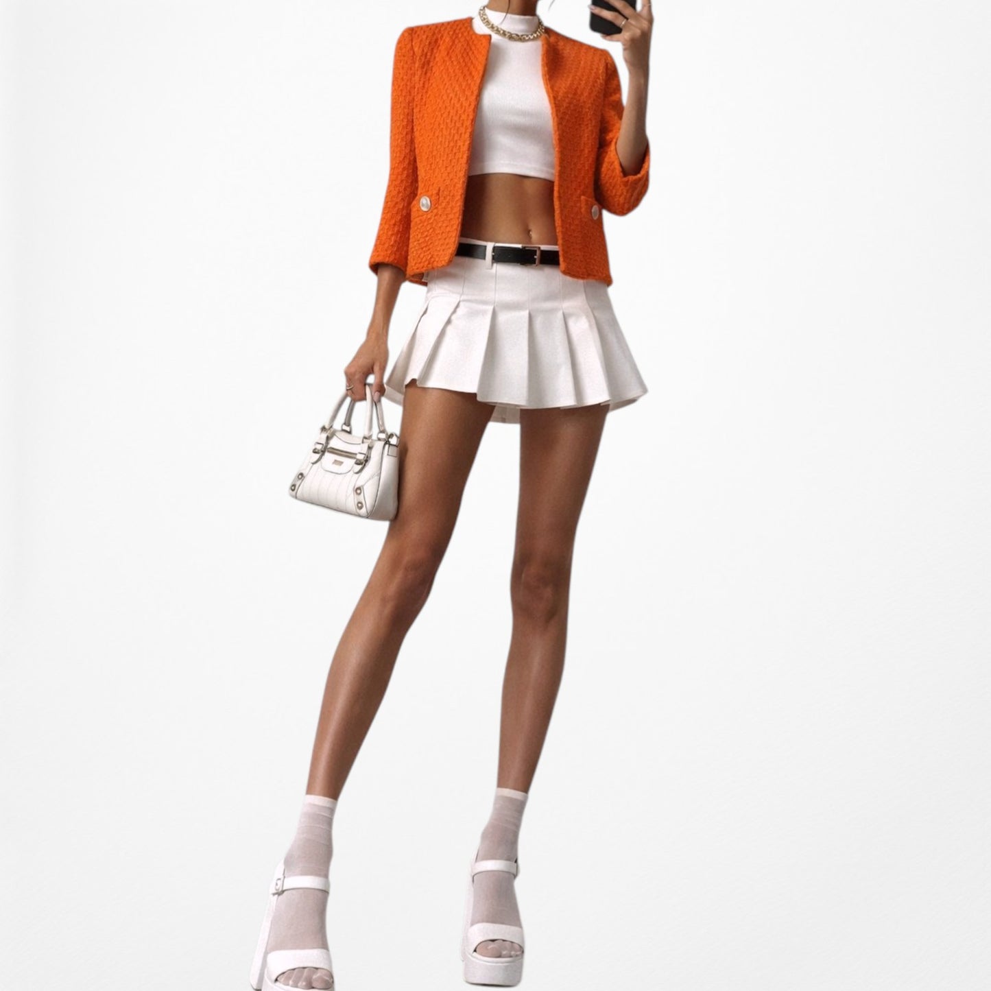 Mango Orange Tweed Blazer Jacket Suit Cardigan Size XS/S