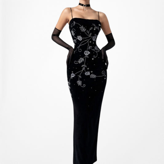 Vintage Black Velvet Floral Beaded Maxi Bodycon Dress Size S