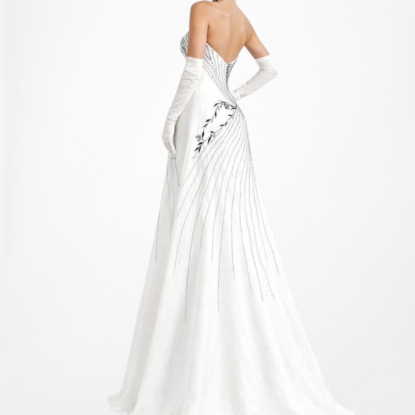 White Strapless Floral Beaded Silk Fit Flared Maxi Formal Prom Dress Size 6/M