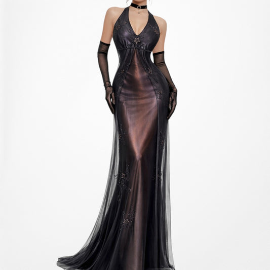 Vintage Brown Floral Beaded Halter Babydoll Mesh Maxi Prom Dress Size M/L