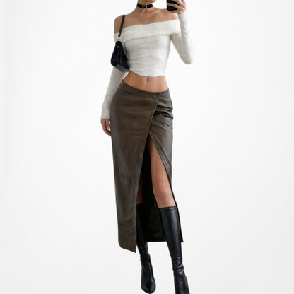Zara Khaki Green High Waisted Faux Leather Front Slit Knee Length Skirt Size XS