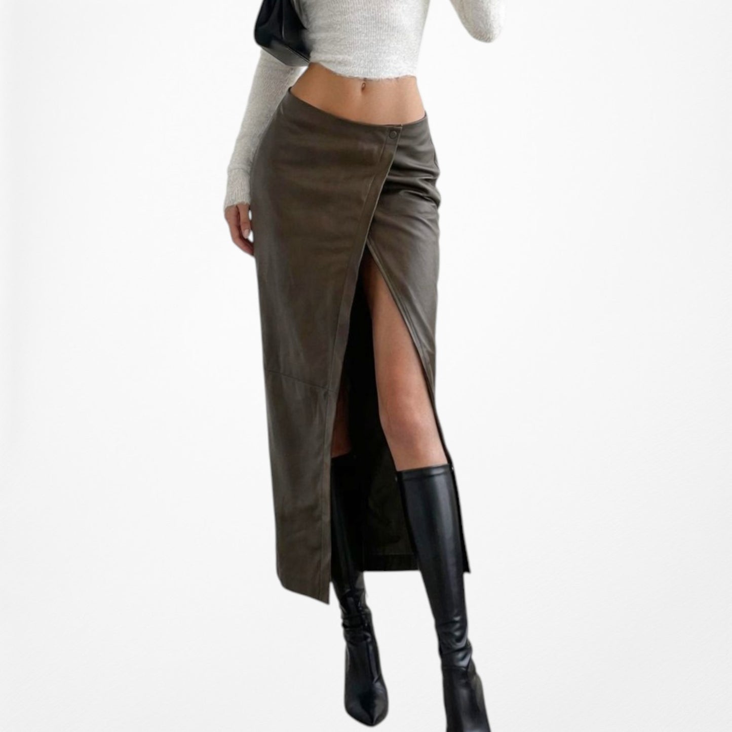 Zara Khaki Green High Waisted Faux Leather Front Slit Knee Length Skirt Size XS