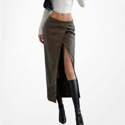 Zara Khaki Green High Waisted Faux Leather Front Slit Knee Length Skirt Size XS