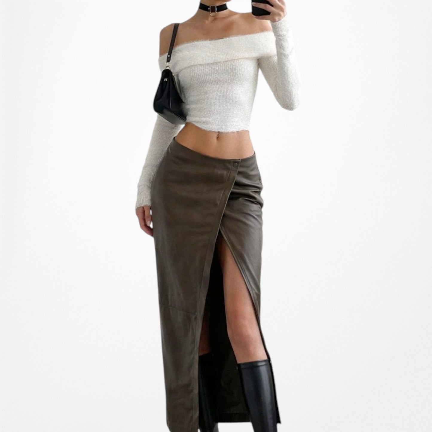 Zara Khaki Green High Waisted Faux Leather Front Slit Knee Length Skirt Size XS