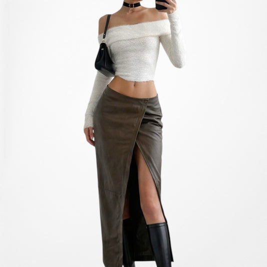 Zara Khaki Green High Waisted Faux Leather Front Slit Knee Length Skirt Size XS