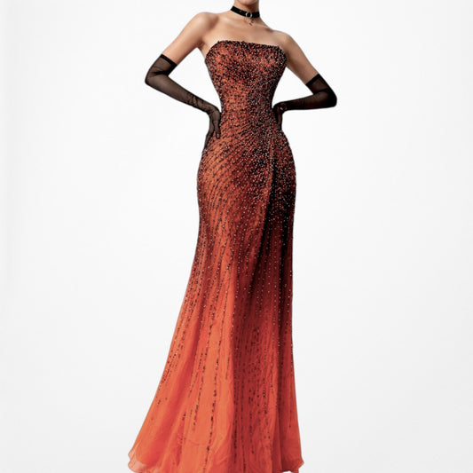 Vintage Orange Silk Strapless Beaded Ombre Fit Flared Maxi Formal Prom Dress Size S