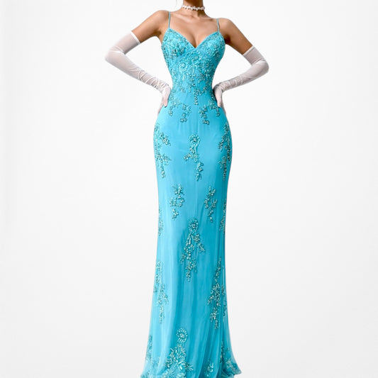 Vintage Blue Floral Beaded Knit Bodycon Maxi Mesh Prom Dress Size S