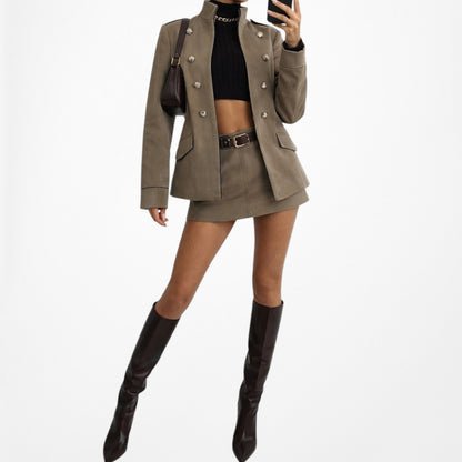 Mango Olive Green Button Front Military Style Shoulder Padded Jacket Size XS