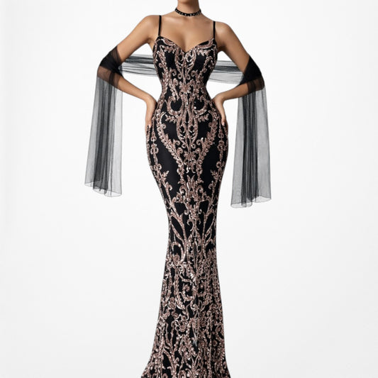Vintage Black Gold Sequin Knit Maxi Bodycon Formal Prom Dress Size S