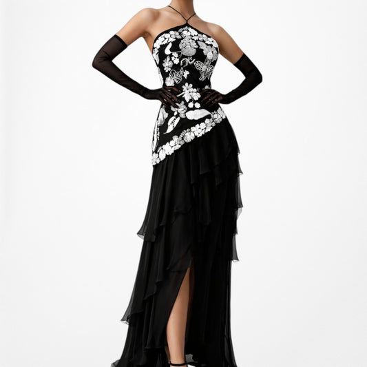Vintage Black White Silk Floral Beaded Ruffle Formal Prom Dress Size S