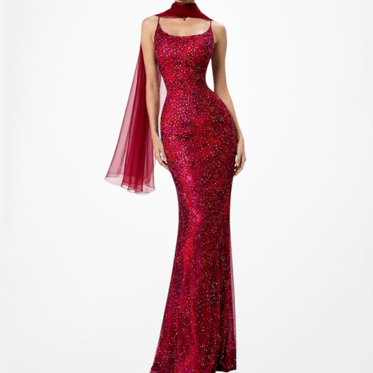 Vintage Red Silk Sequin Beaded Maxi Bodycon Formal Prom Dress Size M