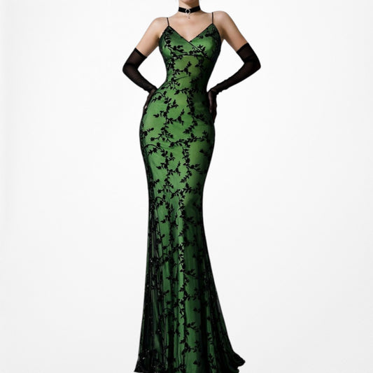 Vintage Green Velvet Floral Beaded Mesh Knit Bodycon Maxi Dress Size S
