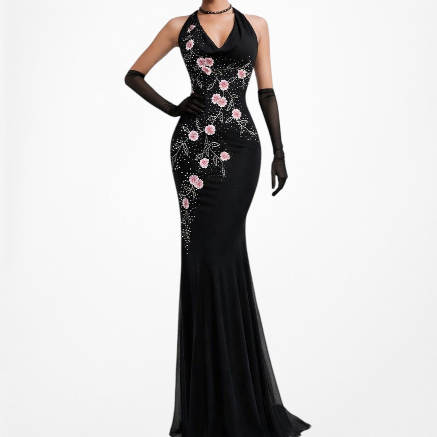 Black Pink Floral Beaded Silk Mesh Fit Flared Slip On Cocktail Formal Dress Size M/L