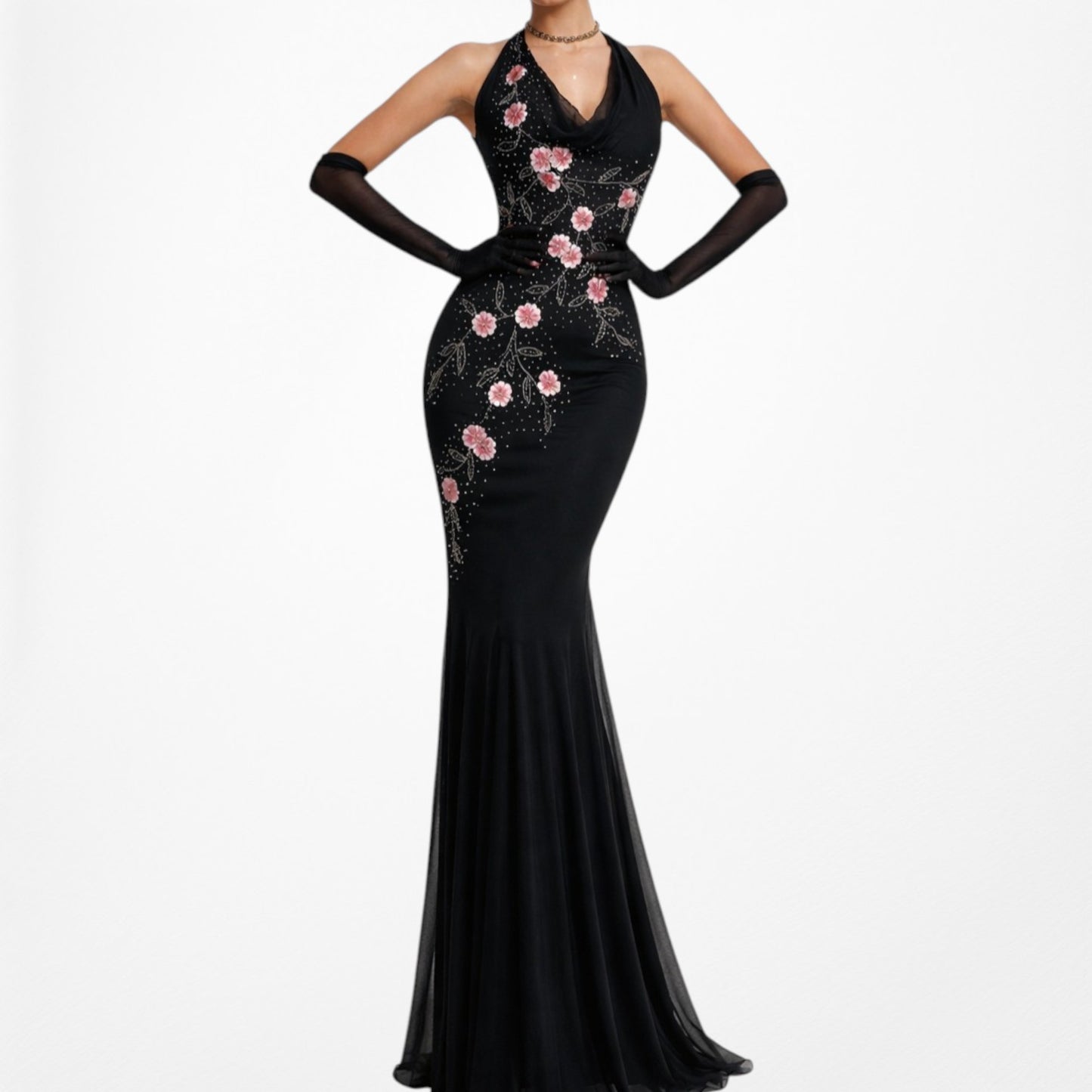 Black Pink Floral Beaded Silk Mesh Fit Flared Slip On Cocktail Formal Dress Size M/L