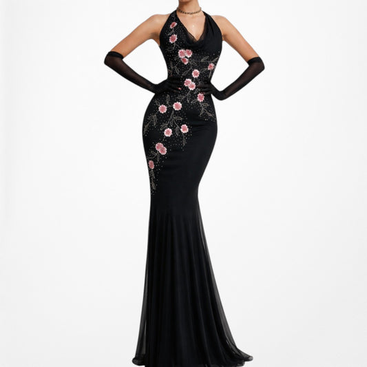 Black Pink Floral Beaded Silk Mesh Fit Flared Slip On Cocktail Formal Dress Size M/L