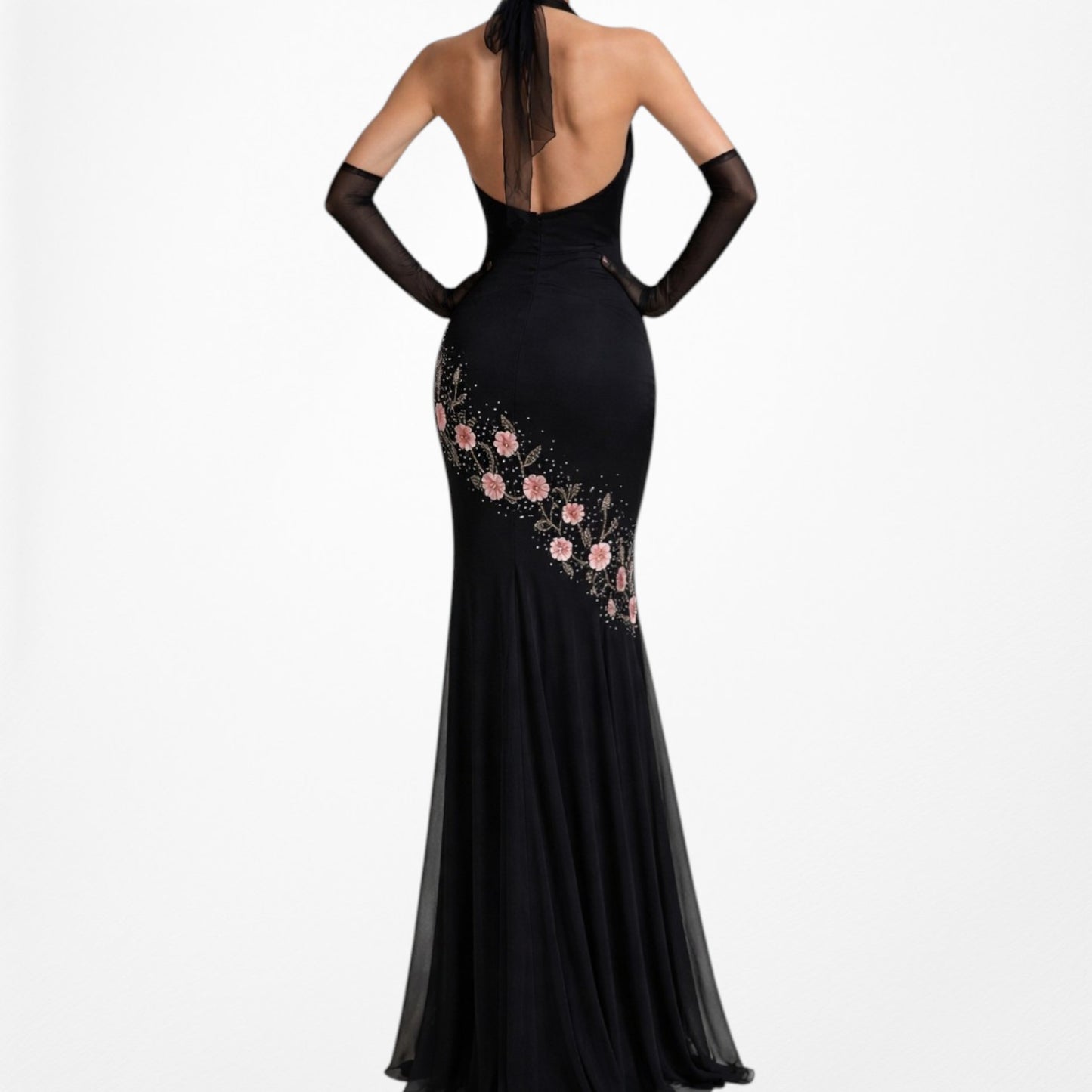 Black Pink Floral Beaded Silk Mesh Fit Flared Slip On Cocktail Formal Dress Size M/L