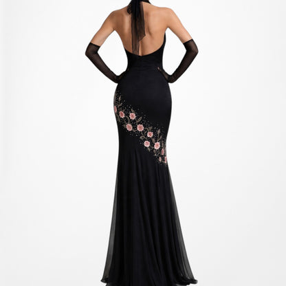 Black Pink Floral Beaded Silk Mesh Fit Flared Slip On Cocktail Formal Dress Size M/L
