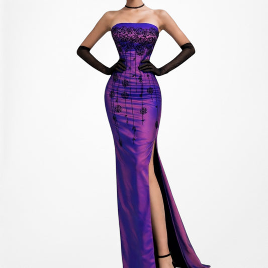 Vintage Purple Blue Strapless Floral Velvet Satin Metallic Side Slit Prom Dress Size S