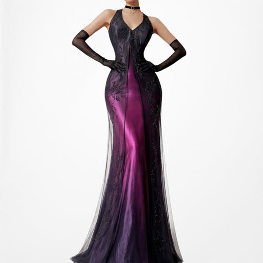 Vintage Purple Gradient Floral Beaded Satin Mesh Babydoll Prom Dress Size M