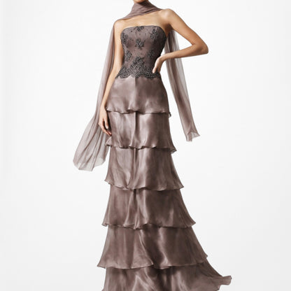 Vintage Brown Silk Strapless Beaded Mesh Ruffle Flared Prom Dress Size M