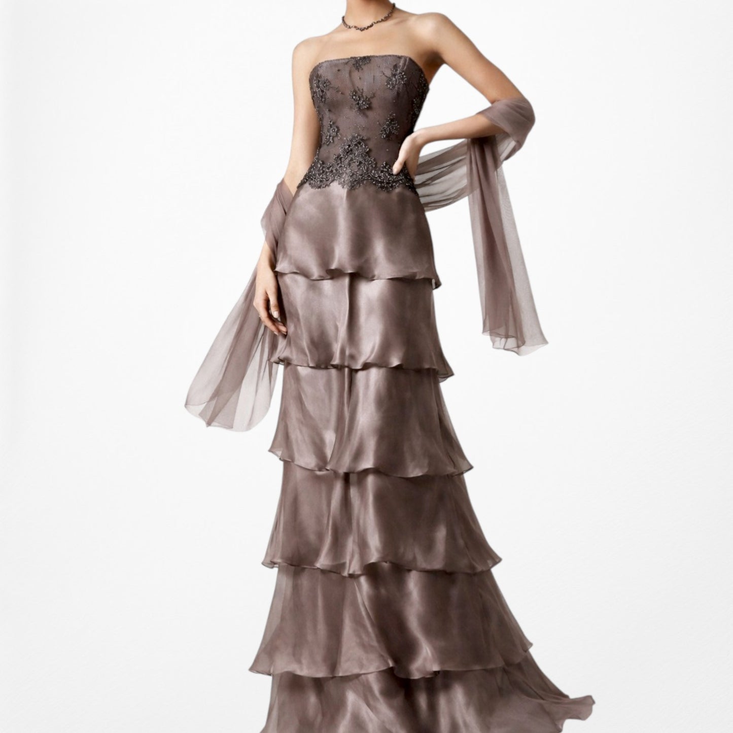 Vintage Brown Silk Strapless Beaded Mesh Ruffle Flared Prom Dress Size M