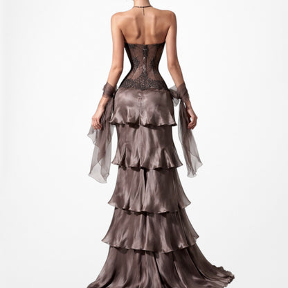 Vintage Brown Silk Strapless Beaded Mesh Ruffle Flared Prom Dress Size M