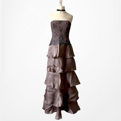 Vintage Brown Silk Strapless Beaded Mesh Ruffle Flared Prom Dress Size M