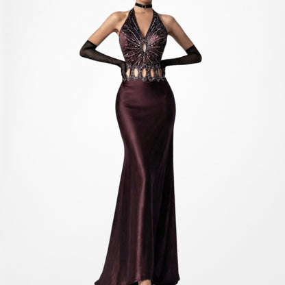 Vintage Brown Silk Cutout Beaded Halter Maxi Prom Dress Size S