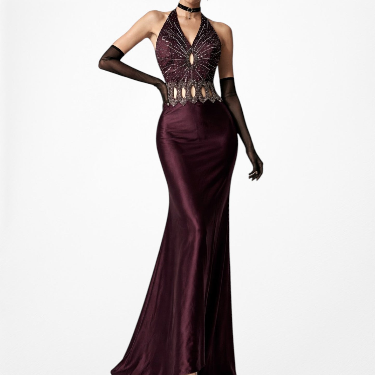 Vintage Brown Silk Cutout Beaded Halter Maxi Prom Dress Size S