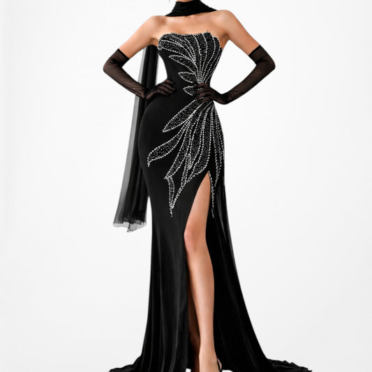 Vintage Black Silk Strapless Floral Beaded Formal Prom Dress Size M