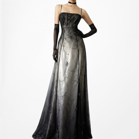 Vintage Black Gold Floral Beaded Mesh Ombre Maxi Prom Dress Size S/M