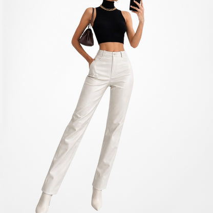 Zara Beige Off White Faux Leather High Waisted Mom Fit Tapered Pants Size S/M