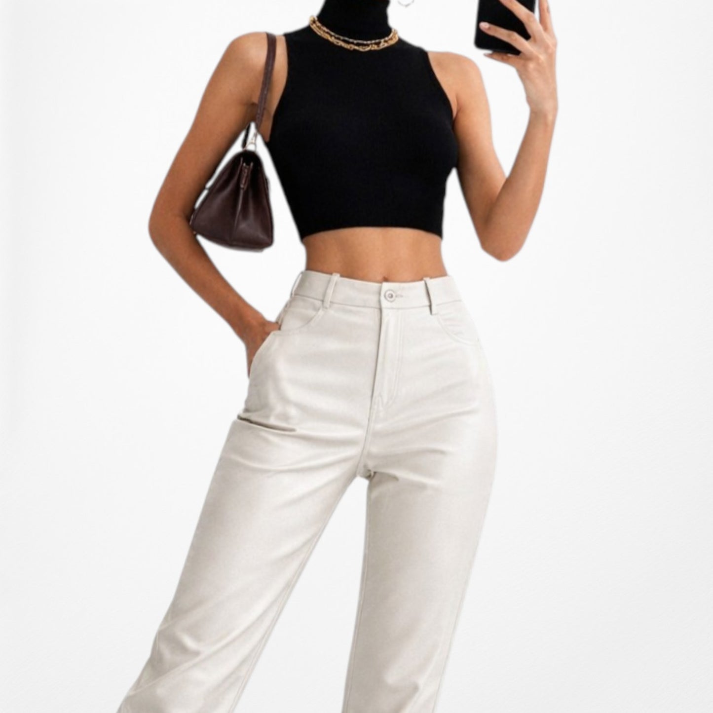 Zara Beige Off White Faux Leather High Waisted Mom Fit Tapered Pants Size S/M