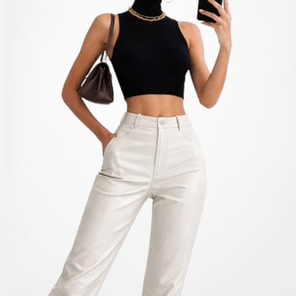 Zara Beige Off White Faux Leather High Waisted Mom Fit Tapered Pants Size S/M