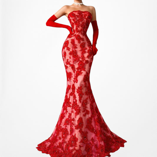 Vintage Red Strapless Floral Beaded Mesh Bustier Corset Prom Dress Size S
