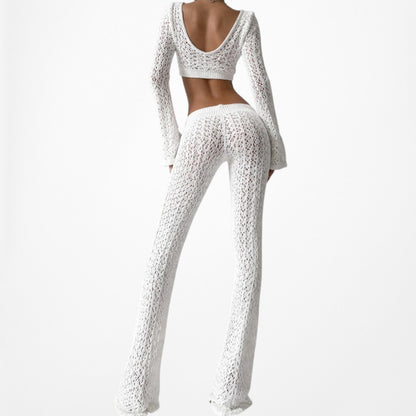 Vintage White Crochet Long Sleeve Crop Top Flared Pants Two Piece Set Size XS/S