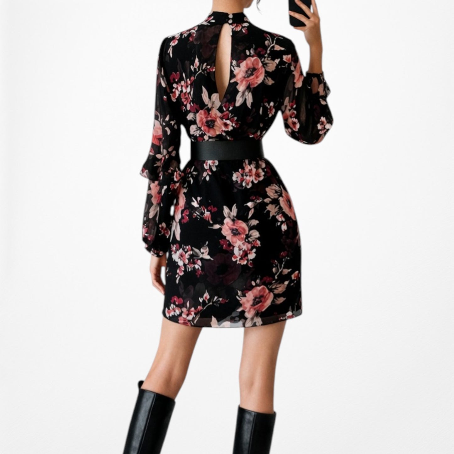 Vintage Y2K Floral Long Puffy Sleeve Ruffle Knee Length Tunic Dress Size S/M