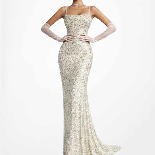 Vintage Y2K Beige Floral Silk Beaded Bodycon Maxi Formal Prom Dress Size XS